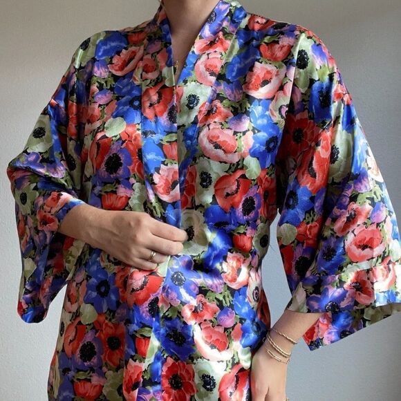 Vintage 90s Gold Label Victoria Secret Floral Satin Night Gown Robe Sz M - Picture 4 of 10